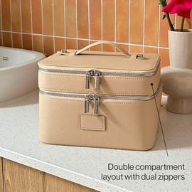 ETOILE - Estuche de tocador dúo, organizador de bolsa de maquillaje de viaje funcional grande con divisor extraíble y espejo, Beige