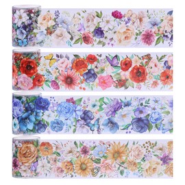 CHGCRAFT 4 Rolls 4 Style Flower Decorative Tape Floral Printed Masking Tape 50mm Wide PET Decorative Stickers Self Adhesive for DIY Scrapbooking, 8M, Forest Flowering Season