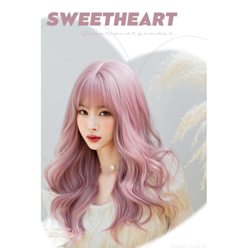Pink Long Wig, Pink Full Wig, Waves, Curly Hair, Semi-Long