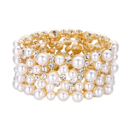 EVER FAITH Women's Crystal Simulated Pearl Stunning Bride Wedding Stretch Bracelet Clear Gold-Tone