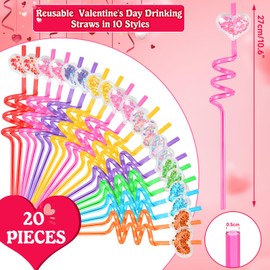 JANYUN Valentines Straws, 20 Pcs Reusable Heart Plastic Straws Valentines Party Favors Glitter Valentines Drinking Straws Valentines Day Gifts for Kids Classroom Exchange Prizes（10 Styles）