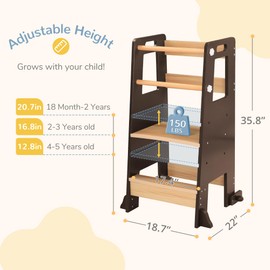Curipeer Toddler Kitchen Step Stool Helper with Safety Rails, Adjustable Height Toddler Standing Tower for Bathroom, Kitchen Counter, Bedroom (Chocolate-Dark Natural)