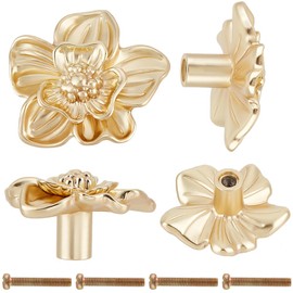 CREATCABIN 4 Sets Gold Flower Drawer Knobs Metal Cabinet Knobs Dresser Handles Vintage Wardrobe Door Cupboard Drawer Furniture Accessory Pulls Handles for Kitchen Bedroom Living Room 1.41x1.63x0.92 in