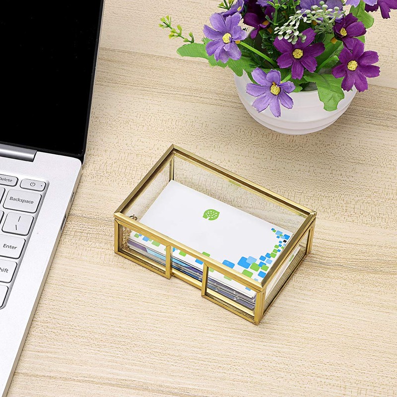 Hipiwe Glass Business Card Holder with Lid - Desktop Name