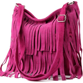 Kitise Womens Bright Colour Real Italian Suede Leather Fringe Shoulder Handbag Ladies Across Body Messenger Side Bag (Fuchsia)