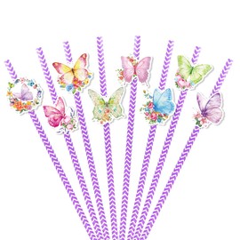 Konsait 24 Pack Paper Butterfly Straws, Butterfly Floral Decor Disposable Party Straws, Butterfly Party Favors Striped Drinking Straws, Butterfly Party Supplies