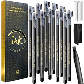 Ink Permanent Waterproof Eyebrow Mapping Pencils for Permanent Makeup, Microblading, and Blades Henna Applications 12 Piece Brow Mapping Peel Off Pencil Set with Shaper/Sharpener (Black)