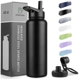DOMICARE 40 oz Insulated Water Bottle, Vacuum Insulated Stainless Steel Sports Water Bottle with Straw Lid & Spout Lid, Leakproof, Reusable - Travel, Camping, Bike, Black