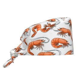 Shrimp Stuffed Animal Crawfish Red Cooked Boiled Lobster Ocean Working Cap for Women, Scrub Cap with Sweatband Adjustable, Unisex Tie Back Hat, Nurse Surgical Caps