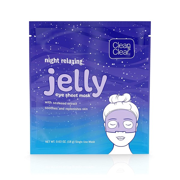 Clean & Clear Night Relaxing and Hydrating Jelly Eye Hydrogel Mask with Seaweed Extract, Non-Comedogenic & Alcohol-Free, 0.63 oz, 1 Count(Pack of 12)