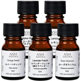 ASH AROMA Essential Oils, Set of 5 A, 100% Natural Essential Oils, Aroma Oils, [Sweet Orange, Eucalyptus, Lavender, Lemon, Rose Geranium] AEAJ Standard Essential Oils