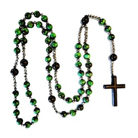 BJ BshuxiuJ Handcrafted Rosary Necklace Featuring Natural Tiger Eye Stone with Black Agate and Hematite Beads – Stylish Beaded Cross Necklace for Men - Elegant Rosary Beads for Men (Green Tiger Eye)