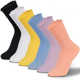 sevening Colorful Ruffled Ankle Socks For Women - Thin 6Pairs Frilly Curn-Cuff Lettuce Edge Socks， Breathable Casual Cute Crew Socks