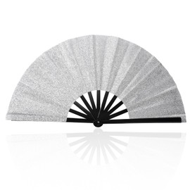 BOXOB Folding Fan for Line Dancing, Large Hand Rave Fan Chinese Style Line Dance Clack Popping Clap Foldable Fans Accessories for Music Festival Party Performance Decoration (Silver)