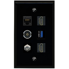 RiteAV CAT6 Coax 2 HDMI TOSLINK USB 3 Flat/Solid Wall Plate [Black]