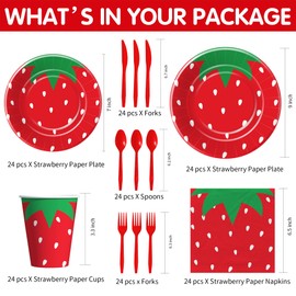 APOWBLS Strawberry Party Decorations, Strawberry Birthday Party Supplies, Paper Plate, Cup, Napkin, Cutlery, Berry Sweet Birthday Baby Shower Table Decorations, Serves 24