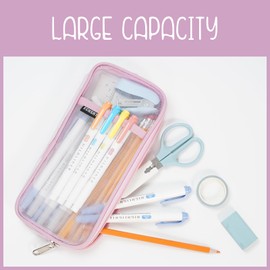 ECHSRT Mesh Pencil Case for Girls With Zipper, Grid Clear Pencil Pouch for Kids Students Teens Boys Adults, Small Transparent Pen Bag for School Office Travel, Pink