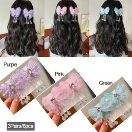 iRIIRIO 6pcs Hair Bows Clips for Girls Hair Accessories with Flowers Crystal Beads Tassel Alligator Clips Hair Accessories for Toddler Kids Children Teens (3 Pairs, Pink/Blue/Purple)
