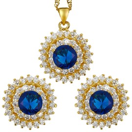 Riva Flower Jewellery Set Pendant with 45 cm Chain and Stud Earrings Round Cut Gemstone Cubic Zirconia CZ [5 Colours Available] in 18K Yellow Gold Plated, Simple Modern Elegance, Brass, Cubic Zirconia