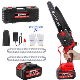 Mini Chainsaw Brushless 8-Inch Cordless Electric Handheld Chain Saw with 4.0Ah Battery, Hand Saw with Security Lock, Wood/Tree Saw for Garden Tree Trimming with Extra 2 Chains, Portable Carrying Case