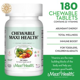 Maxi Health Chewable Multivitamin for Kids, Teens and Adults - Cherry Chewable Vitamins for Adults & Children - Kosher Kids Multivitamin + Iron (180 Tablets)