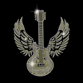 SUPERDANT Guitar and Wings Iron on Rhinestones Transfer Guitar T-Shirt Crystal Heat Transfer Designs Guitar Wings Crystal Stickers Rhinestone Bling Decals for Clothing Tote Bag DIY Art Craft Gifts
