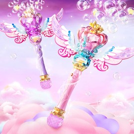Uregoio 2 Pack Princess Bubble Wands Machine for Girls with Rotating Design, Outdoor Bubble Maker Toys for Kids Ages 4-8, Rechargeable Light & Music Fairy Wands for Party Birthday(Pink & Purple)