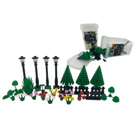 CMC imports 60 teilig Allee Box mit Laternen Pflanzen Zaun Pflanze Klemmbausteine Bausteine Kompatibel Blätter Blumen Büsche Baum Gras Stengel Rasen für Garten City Straßen Deko Wald (Schwarz)