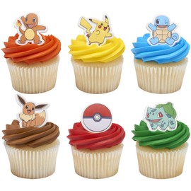 DecoPac - Anillos de Pokémon, decoraciones para cupcakes con Pikachu, Bulbasaur, Eevee, Charmander, Squirtle y Poké Ball, adornos multicolores seguros para tartas – Paquete de 24