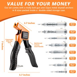FOREVTL Molly Bolts for Drywall & Plaster Walls (0.12"-1.52"), 32PCS in 8 Sizes Screws with Molly Bolts Setting Tool, Heavy Duty Hollow Wall Anchors Perfect for TV, Picture & Mirror, Holds Up to 65lbs