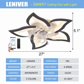 LENIVER 30" Ceiling Fan with Lights Remote Control, Modern Low Profile Flush Mount Ceiling Fan with Lights， Dimmable Ceiling Fans 3 Color 6 Speed for Bedroom Living Dining Room Kitchen - White