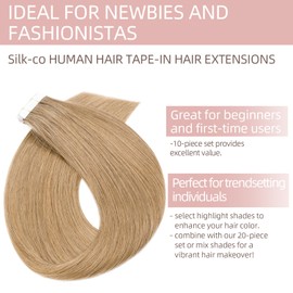 Silk-co 12"-24" Tape in Hair Extensions 100% Real Remy Straight Human Hair Extension 10Pcs Straight Silky Soft Skin Weft Seamless (20inch #27 Dark Blonde)