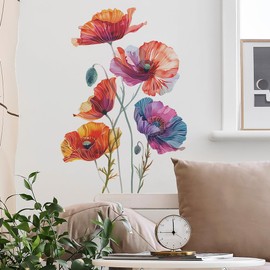 Runtoo Poppy Flowers Wall Art Decals Boho Watercolor Floral Wall Stickers for Bathroom Bedroom Living Room Nursery Office Home Decor