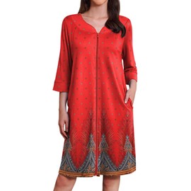 Ekouaer Zipper Robes for Women 3/4 Sleeves Housecoat Soft Nightgowns Sleepwear Mumu House Dresses with Pockets (Floral Red, 3X-Largel)