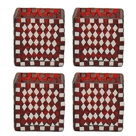Glass Votive Holders Mosaic Mirror and Red Glass Diamond Shaped Tiles Cube Shape Set of 4