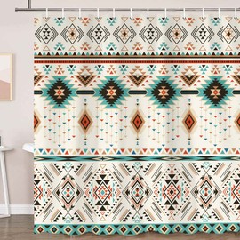 Aztec Shower Curtain for Bathroom, Southwestern Native Tribal Navajo American Ethnic Abstract Triangular Geometric Vintage Bath Curtains, Boho Fabric Bathroom Decor Set with Hooks, 69x78 Beige