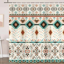 Aztec Shower Curtain for Bathroom, Southwestern Native Tribal Navajo American Ethnic Abstract Triangular Geometric Vintage Bath Curtains, Boho Fabric Bathroom Decor Set with Hooks, 69x78 Beige