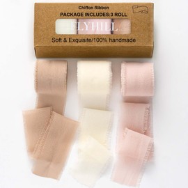 Flyhill 3 Rolls Fringe Chiffon Silk Ribbon,1.5" x 21Yd (3 Rolls *7Yd) for Gifts Wrapping,Wedding Invitations,Bouquets,Decorations,Craft-Nude,White,Beige Pink