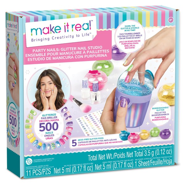 Make It Real: Party Nails Glitter Nail Studio - DIY Nail Kit, Decorate 500 Nails, 5 Mess-Free Glitter Pods, Tweens, Girls & Kids Ages 8+