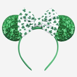 TTBLOCKS St. Patrick's Day Mouse Ears Headband, Green Sequin Glitter, Lucky Shamrock Design