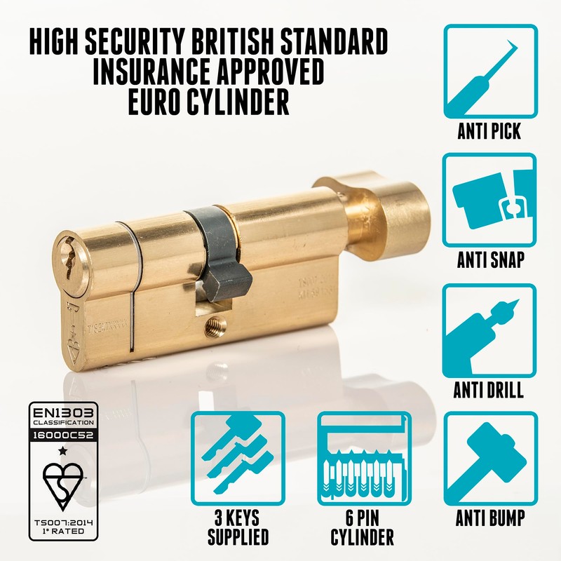 TSS Brass High Security TS007 1* Thumbturn Euro Cylinder, British