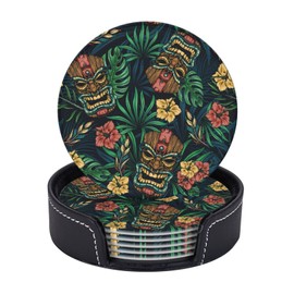 Famame 6 Pcs Hawaiian Tiki Tropical Leaves Leather Coasters for Drinks with Holder Coaster Sets Drink Table Cup Coasters for Living Room Kitchen Coffee Decor