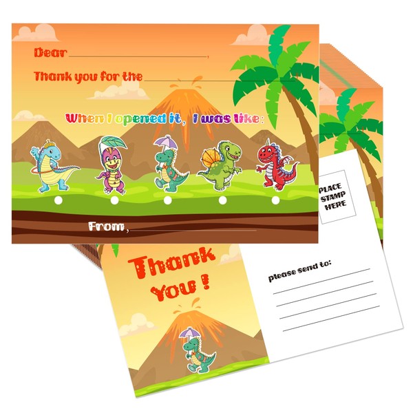 WaaHome Thank You Postcards for Kids Students, 30pcs Thank You Note Cards with 30 sheets Dinosaur Stickers, Kids Thank You Postcards Fill in the Blank for Back to School Classroom Supplies DIY Crafts Birthday Party Favors