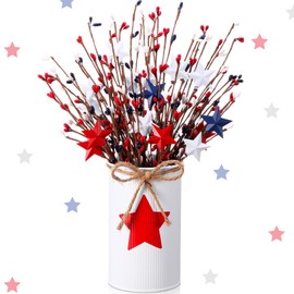 SiliFine 4th of July Table Centerpiece Decoration Memorial Day Patriotic Artificial Flower Stems Star Shaped Berry Picks with Metal Vase Pot for Independence Day Office Home(White and Red)