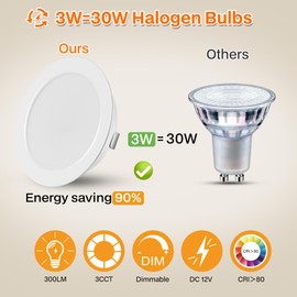URing Set of 3 LED Recessed Spotlights, 12 V, Dimmable, 3 W Ceiling Spotlights, 55-58 mm Spotlights, 12 V, 3000 K, Warm White, 4000 K, Neutral White, 6000 K, Cool White, Recessed Spotlights, LED 15 mm