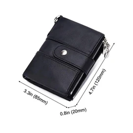 DUXIAOSHA Men's Genuine Leather Wallet, Bi-Fold Wallet, Wallet with Chain, Small Wallet, Compact Wallet, Zipper, Coin Purse, Holds 14 Cards, RFID & Magnetic Skimming Prevention, Black