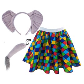 The Dragons Den Childs Patchwork Multicoloured Skirt Elephant Ears & Tail World Book Day Fancy Dress Costume [Age 4-7 Years]