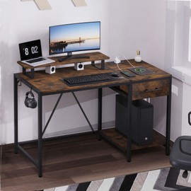 Lkeiyay 55 Inch Computer Desk with Power Outlets and LED Light, Gaming Desk with Wooden Drawers, Office Desk with Monitor Stand and Headphone Hook, Rustic Brown