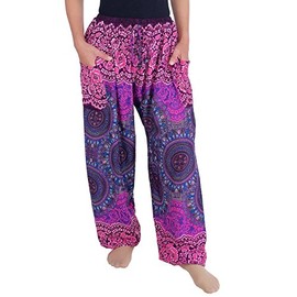Lannaclothesdesign Women's Boho Drawstring Smocked Waist Rayon Harem Yoga Pants (XL, Purple)