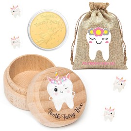 FEISHIONG Tooth Fairy Kit, Wooden Keepsake Box with Gold Commemorative Coin and Burlap Storage Bag, 3-Piece Set